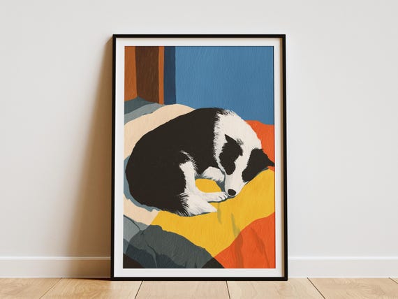 Matisse Style Border Collie Art Print Sleeping Dog Wall Abstract Pet Lover Gift Colorful Bedroom Decor Minimalist Animal Poster