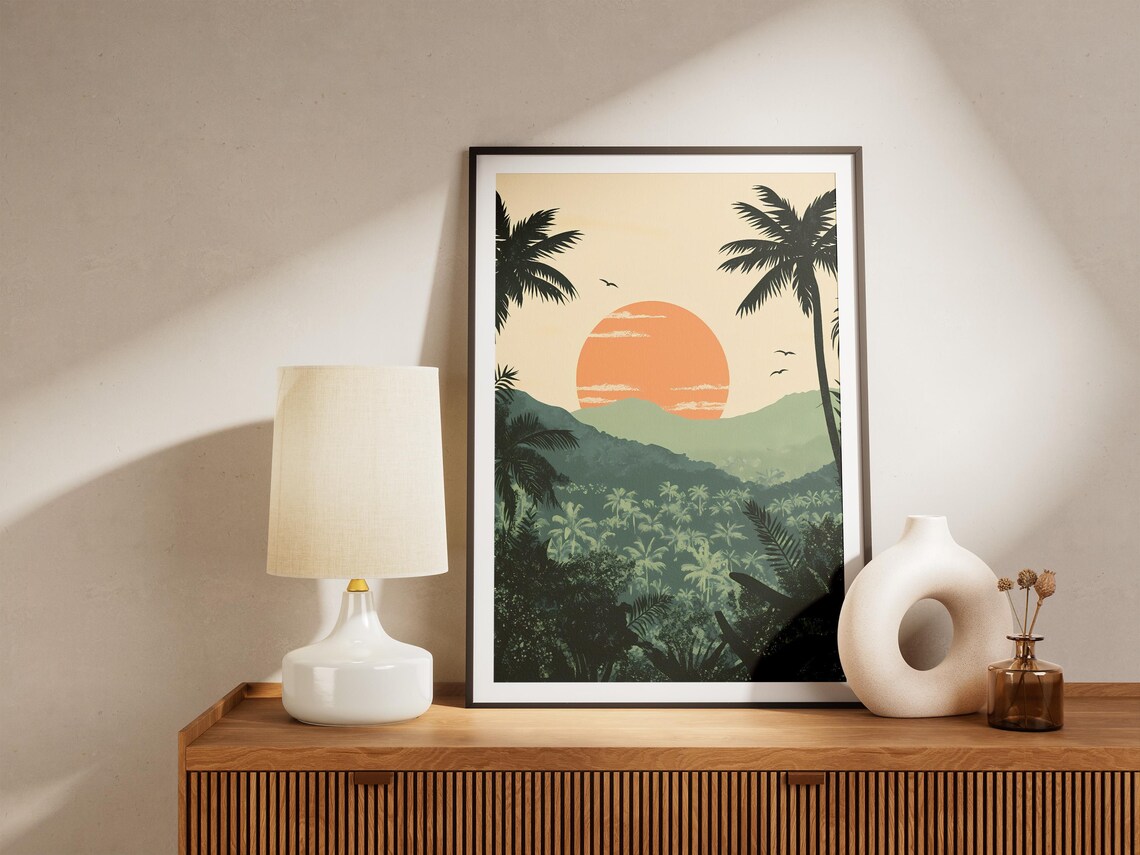 Tropical Jungle Sunset with Palm Silhouettes Art Poster Serene - Image 5