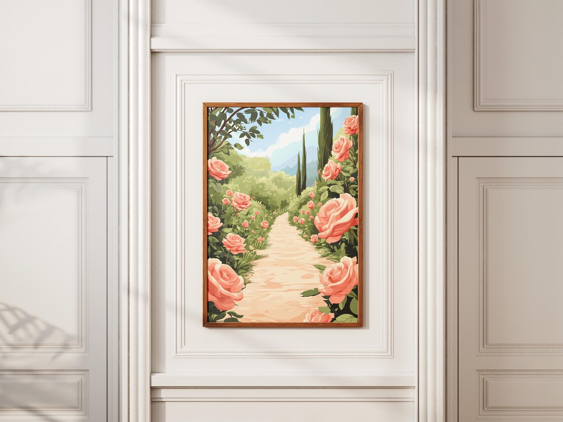Pink Rose Garden Pathway With Cypress Trees Italian Garden Poster - Image 2