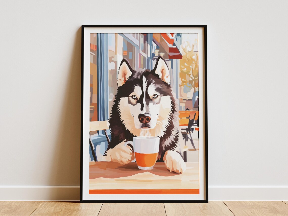 Siberian Husky with a Warm Mug at a Cozy Cafe Terrace Dog Poster