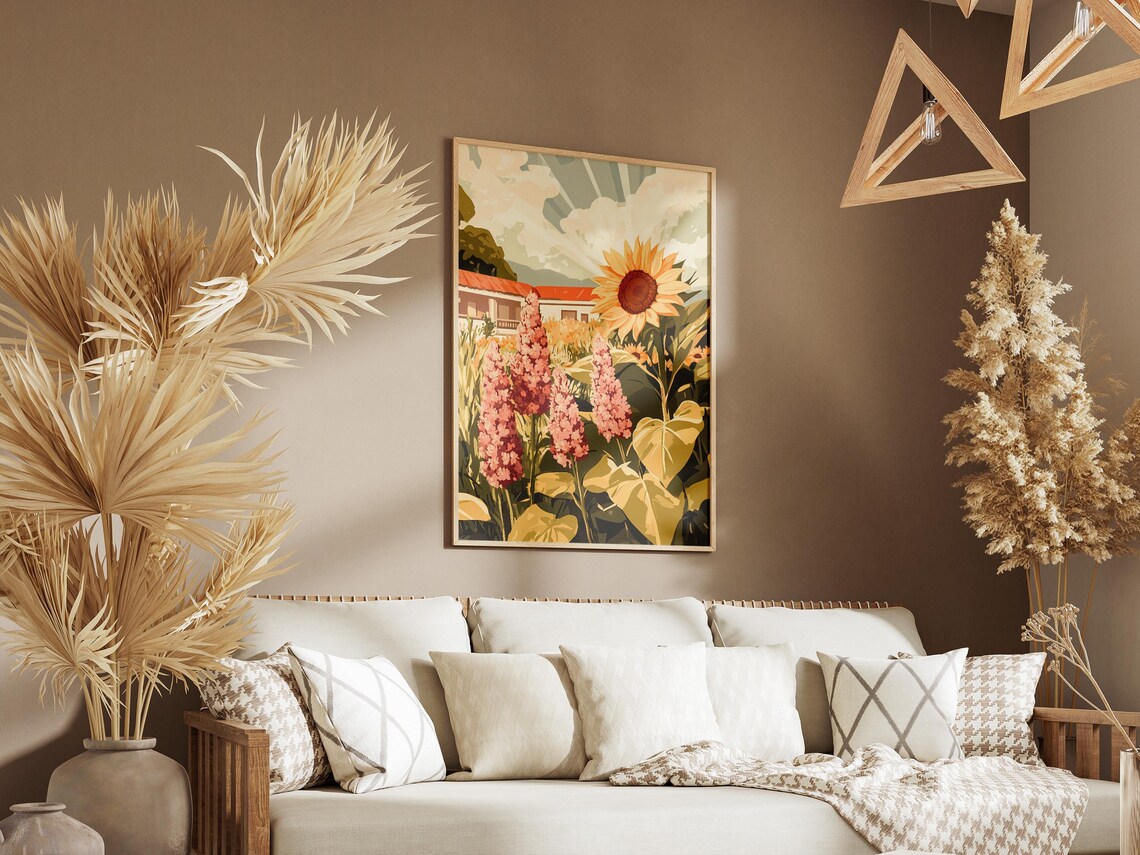 Giant Sunflower and Pink Delphiniums with Farmhouse Garden Poster - Image 3