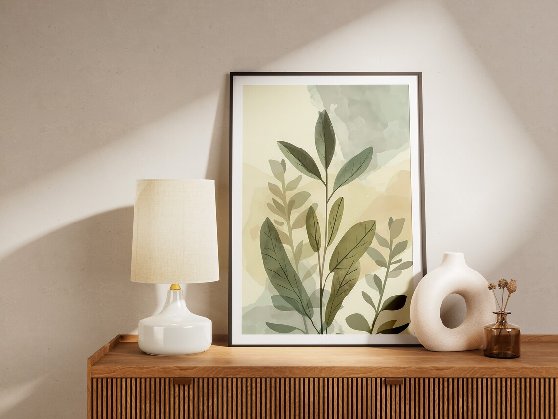 Serene Minimalist Botanical Watercolor Leaf Stems Cream Poster - Image 2