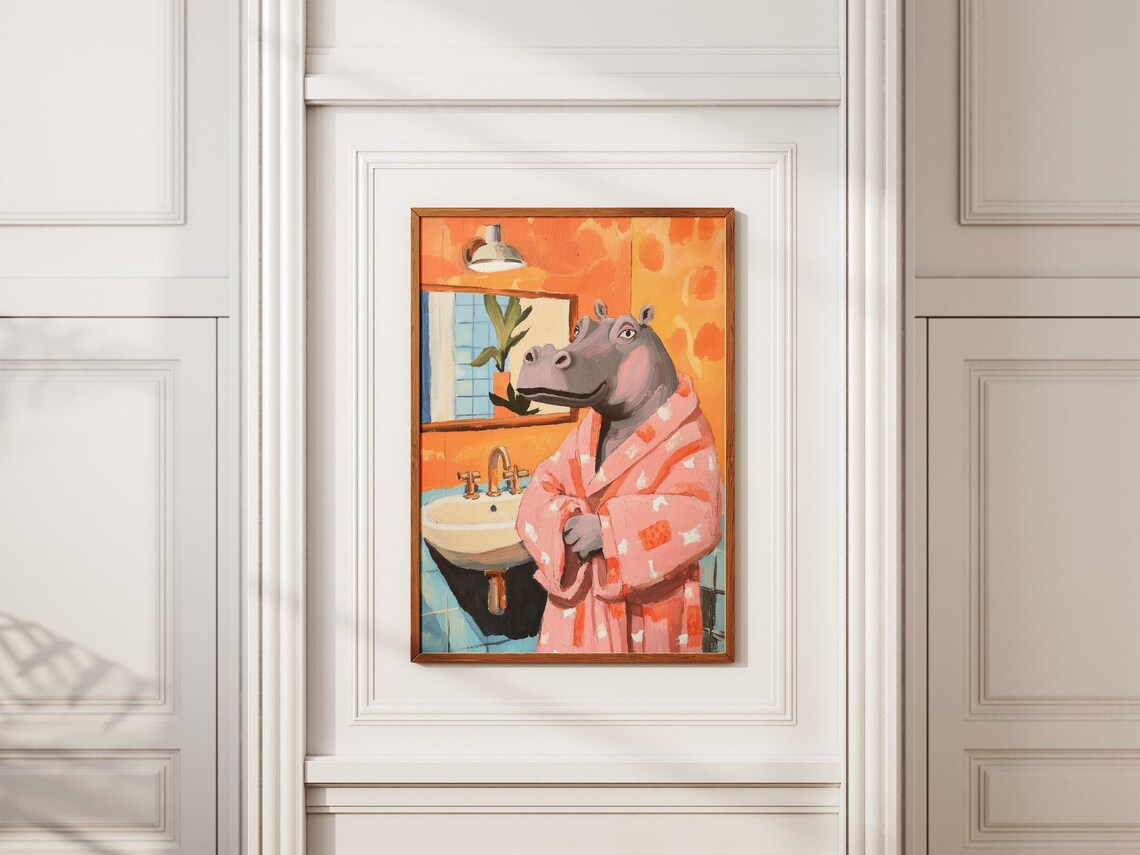 Hippopotamus in Pink Polka Dot Bathrobe Orange Bathroom Poster - Image 2