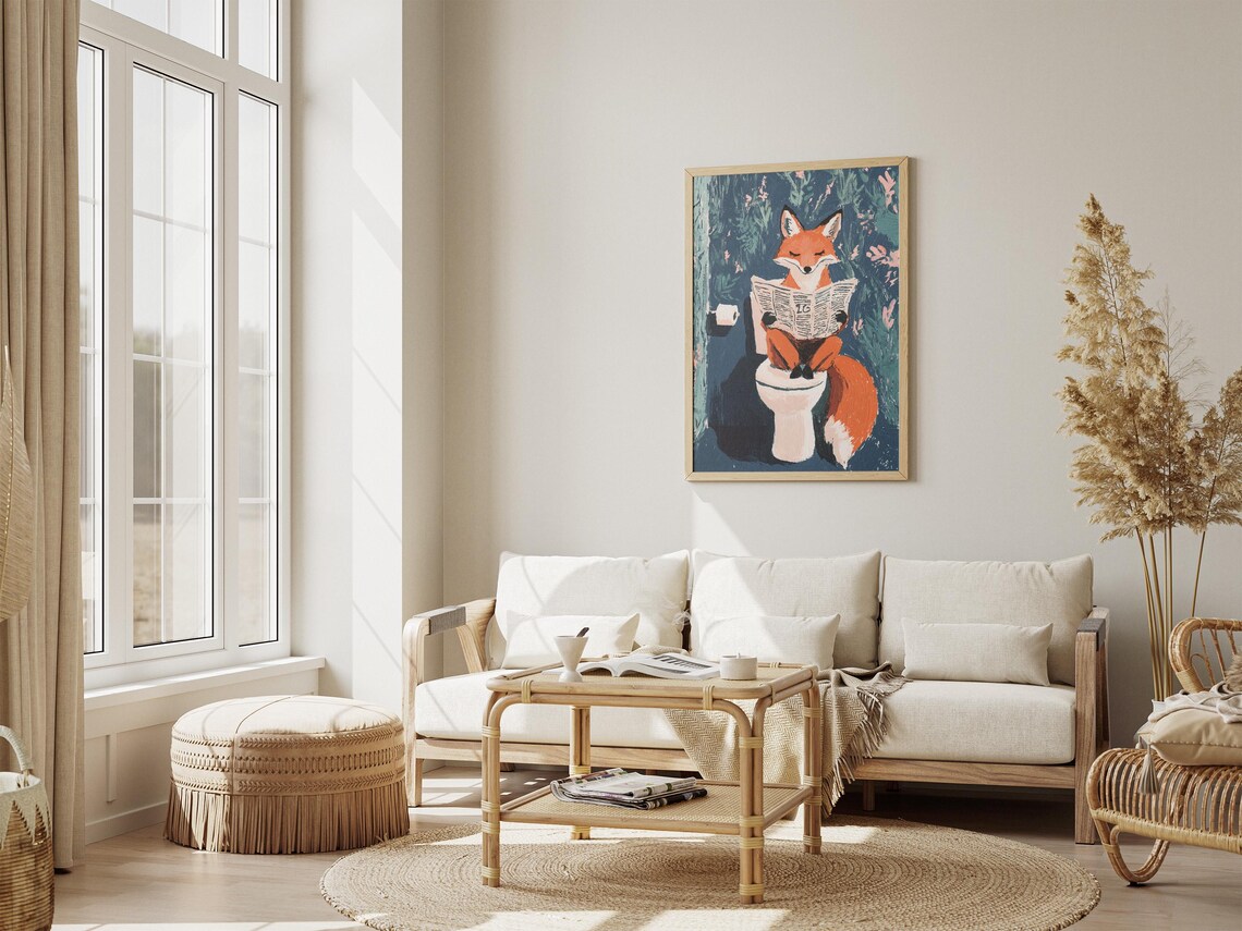 Orange Fox Reading Newspaper On Toilet Floral Bathroom Poster - Image 4