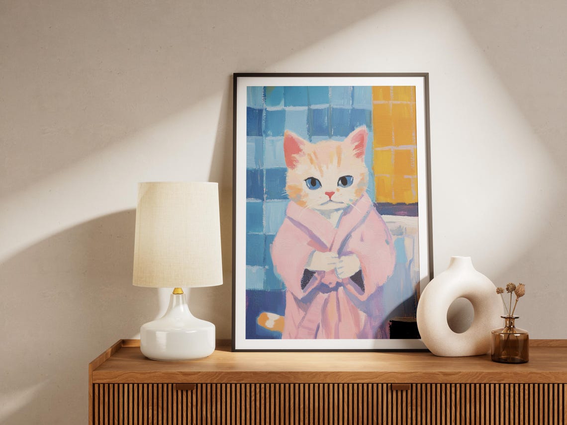 Cream Kitten in Pink Bathrobe Cute Bathroom Kitty Cat Poster - Image 4