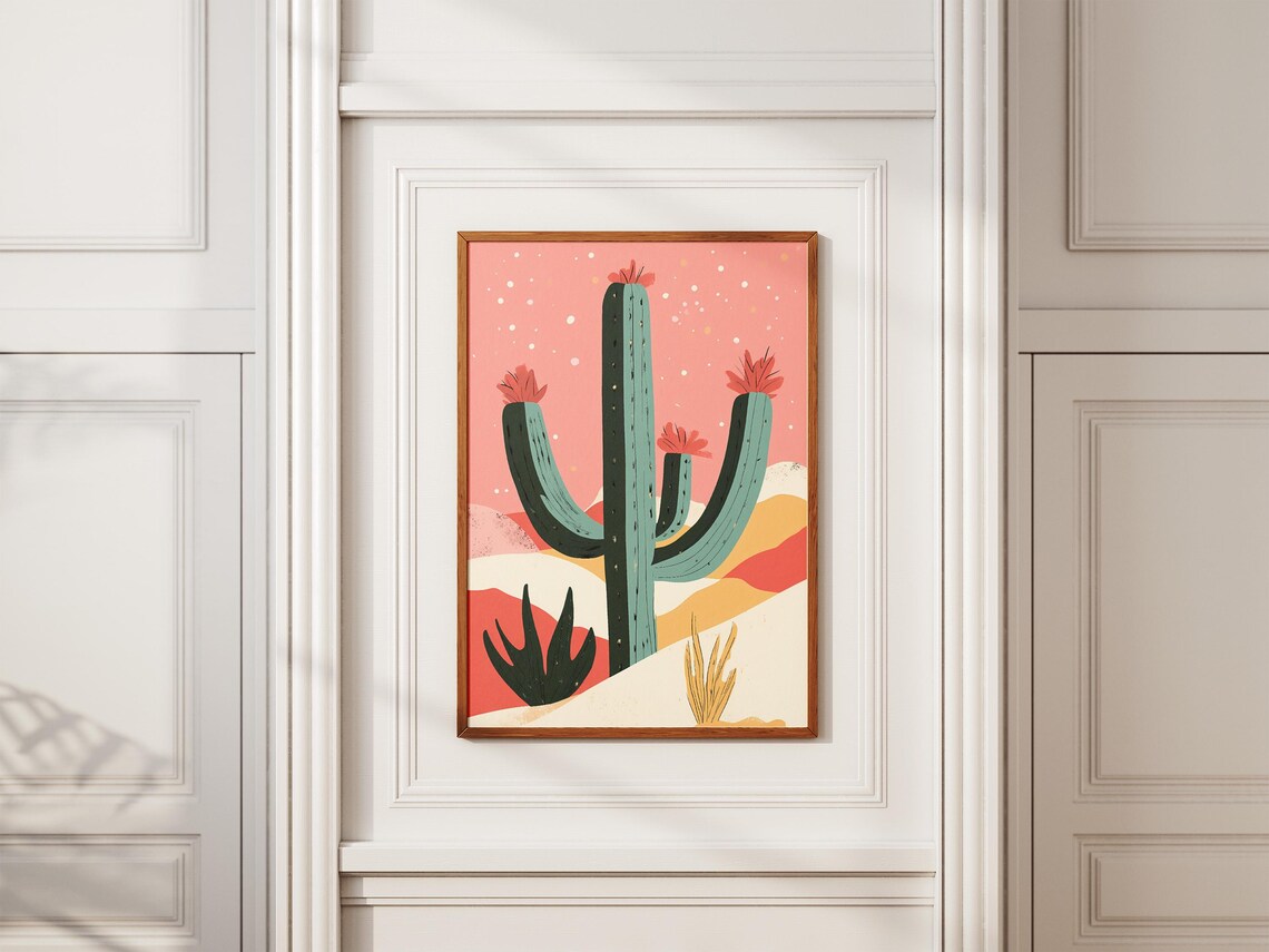 Pink Christmas Cactus Poster with Snowfall and Desert Landscape - Image 2