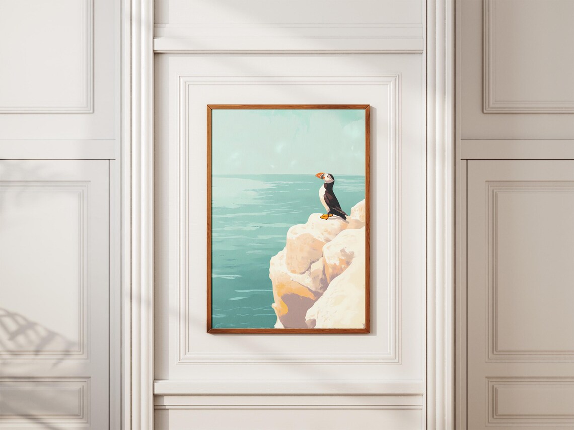 Puffin Looking Out to Sea from a White Cliff Edge Art Poster - Image 2