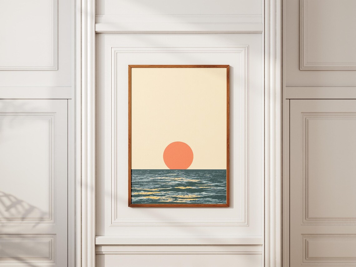 Minimalist Ocean Sunset Poster with Coral Sun over Teal Waves - Image 2