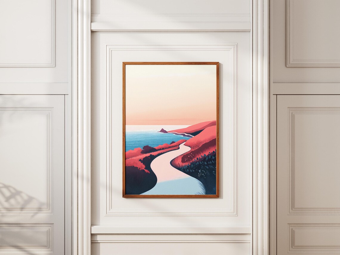 Winding Coastal Road Through Pink Sunset Hills to the Sea Poster - Image 2