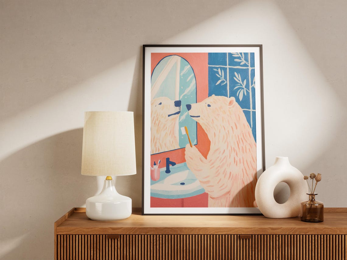 Polar Bear Brushing Teeth at Mirror Red Blue Bathroom Poster - Image 5