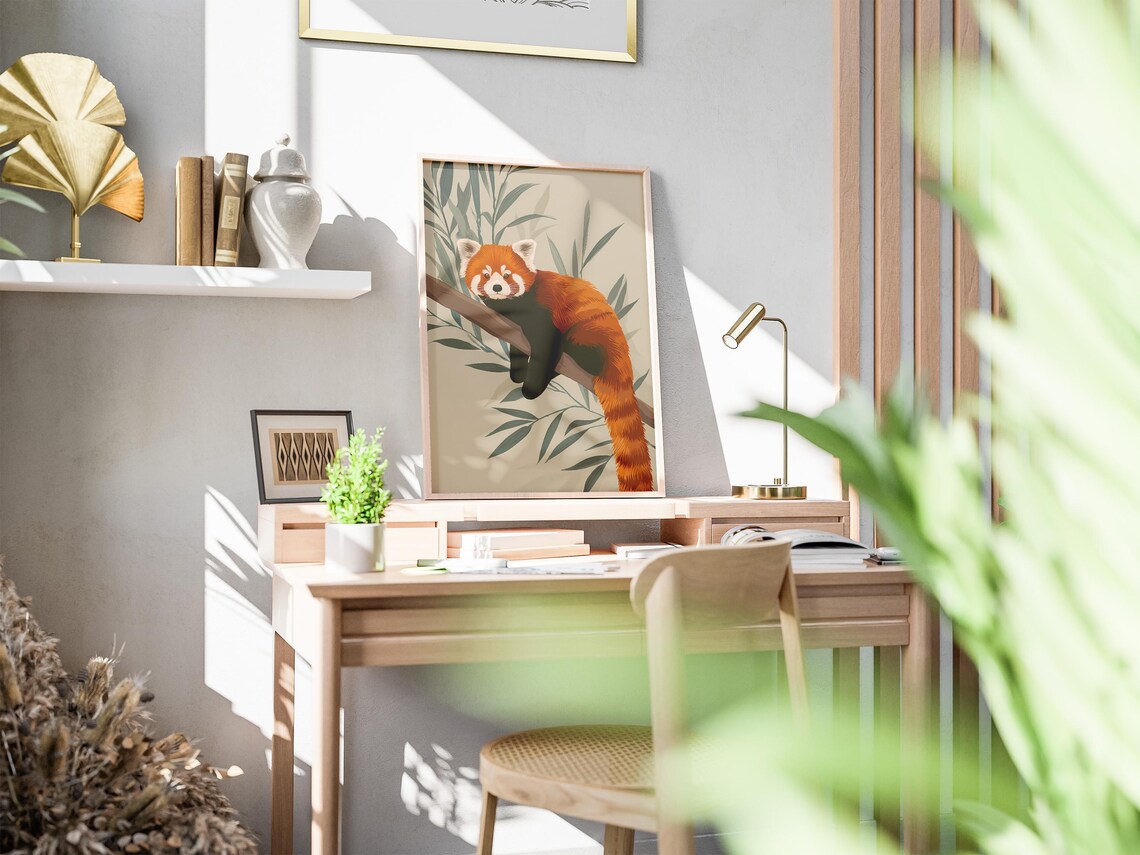 Sleepy Red Panda Relaxing On Tree Branch Minimalist Beige Poster - Image 2