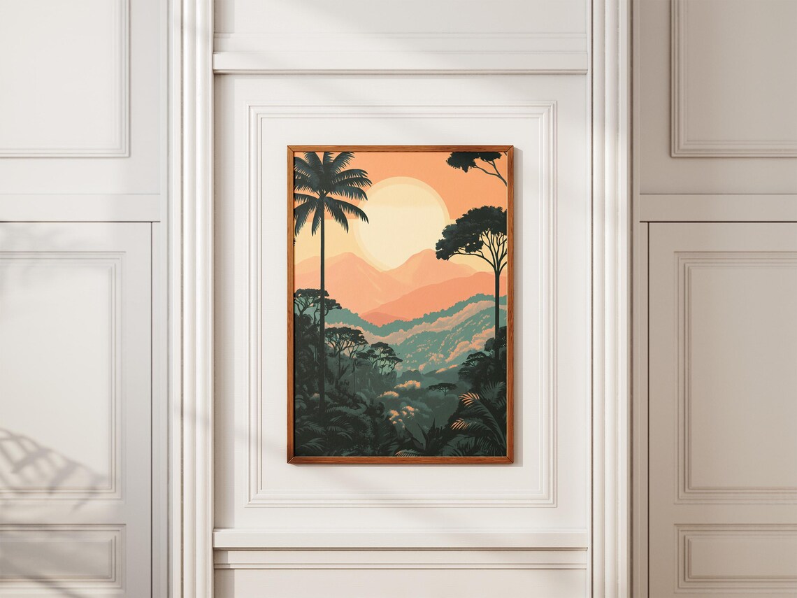 African Jungle Sunset Palm Silhouette Mountains Landscape Poster - Image 2