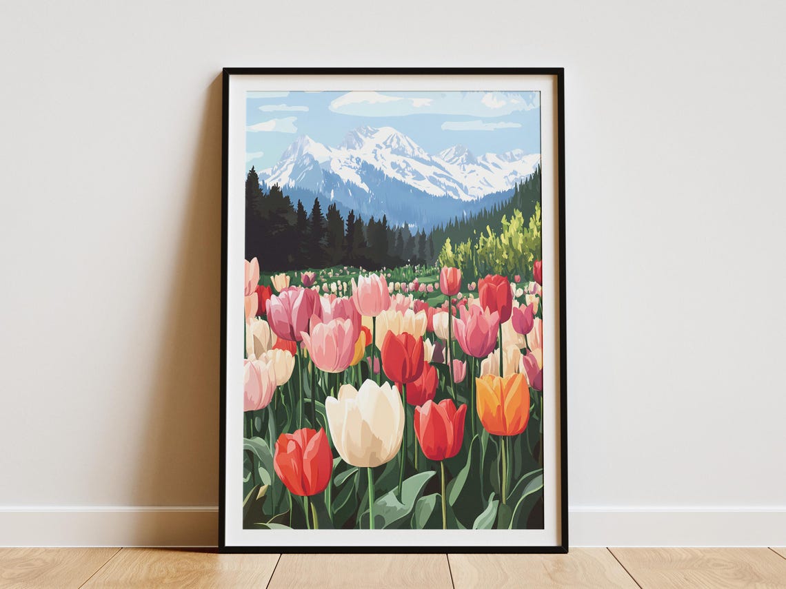 Multicolor Tulip Meadow Snow Capped Peaks Spring Landscape Poster
