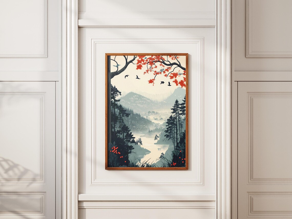 Misty Autumn Lake Valley With Red Maple Branches Birds Poster - Image 2