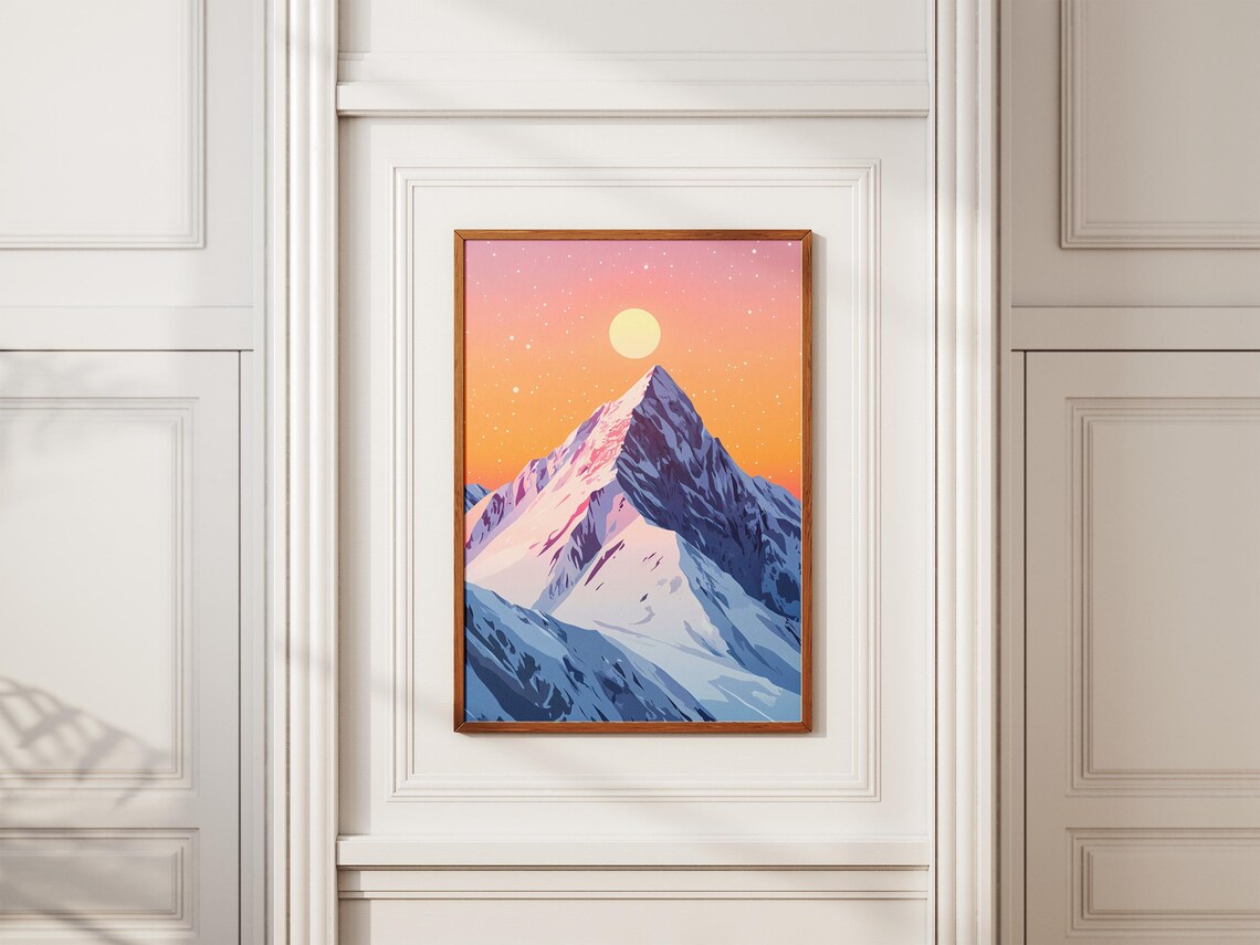 Pink Sunset Snowy Mountain Peak Colorful Landscape Art Poster - Image 2