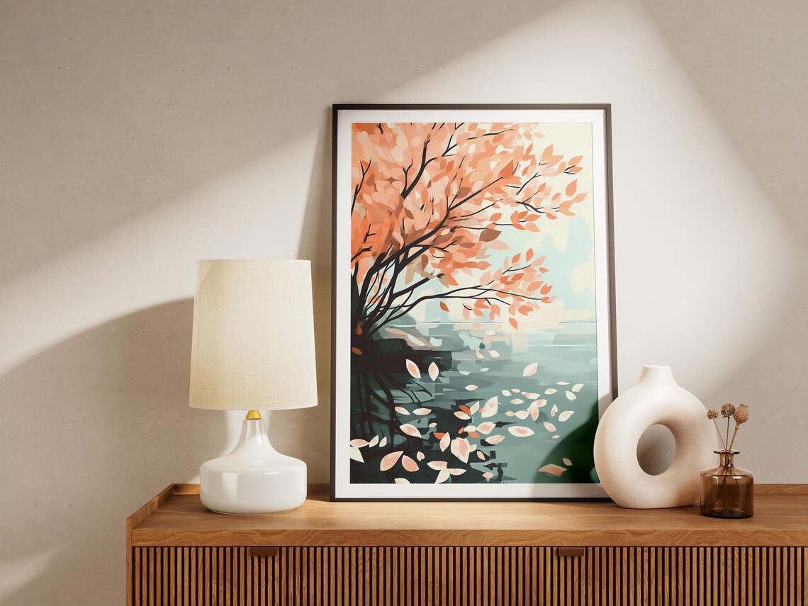 Peach Autumn Leaves Drifting Over Teal Water Landscape Art Poster - Image 5