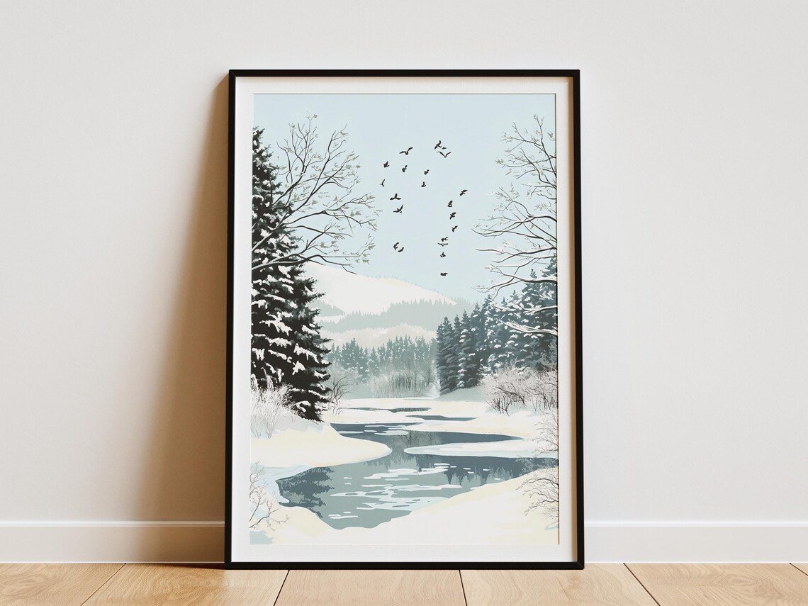Snowy Forest River With Flying Birds Minimalist Winter Poster