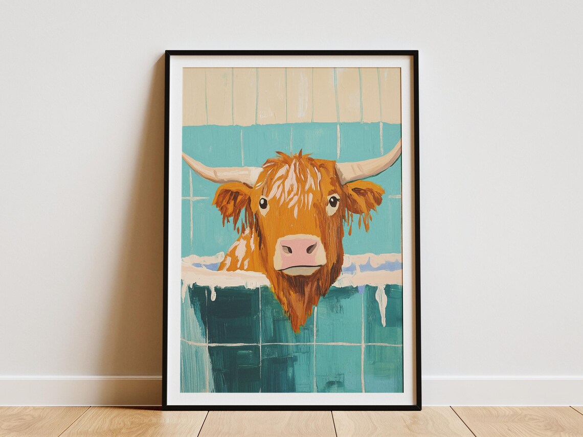 Highland Cow Peeking Out Of A Soapy Bubble Bath Teal Tiles Poster