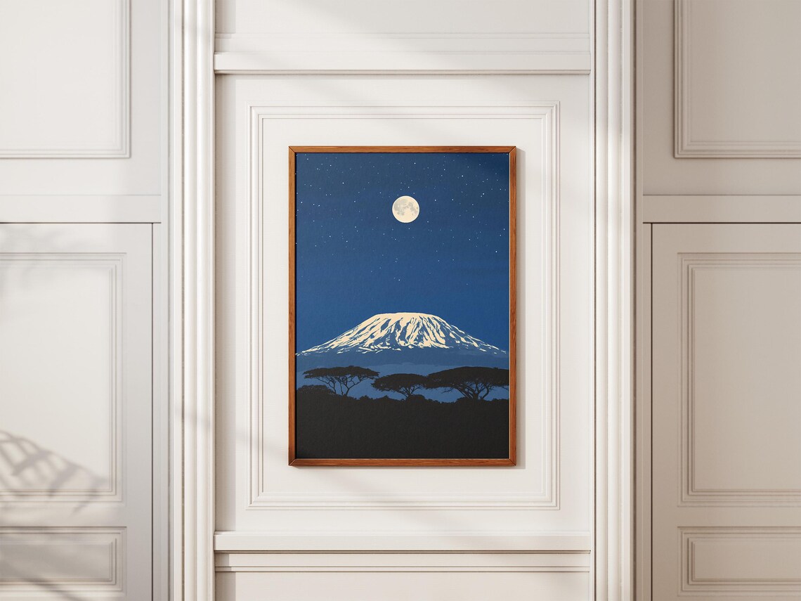Mount Kilimanjaro Tanzania Acacia Trees Moonlit Night African Art Poster - Image 2
