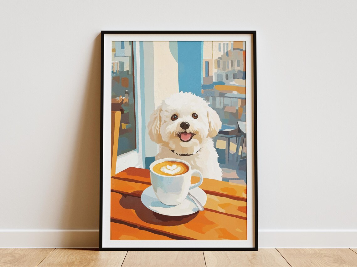 Happy White Maltese Dog with Heart Latte Art at a Cafe Table Poster