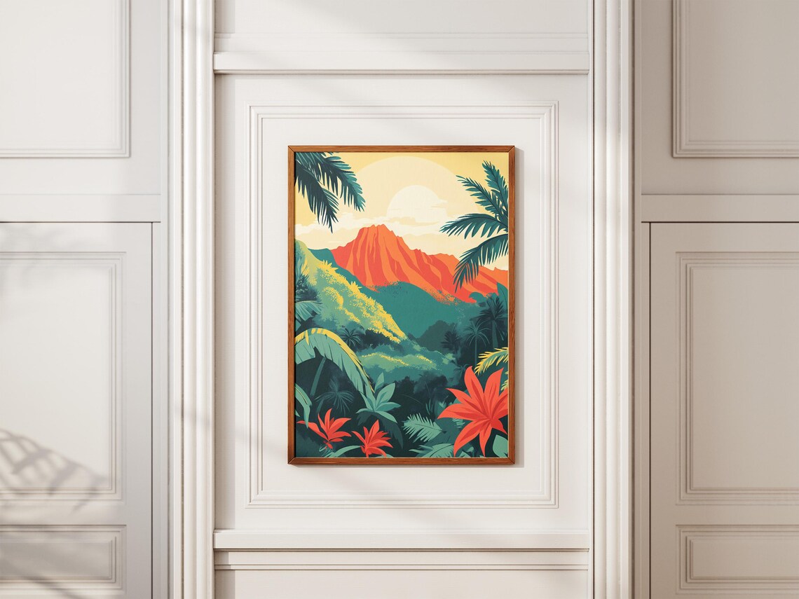 Tropical Mountain Coral Red Peak Palms Jungle Flowers Poster - Image 2