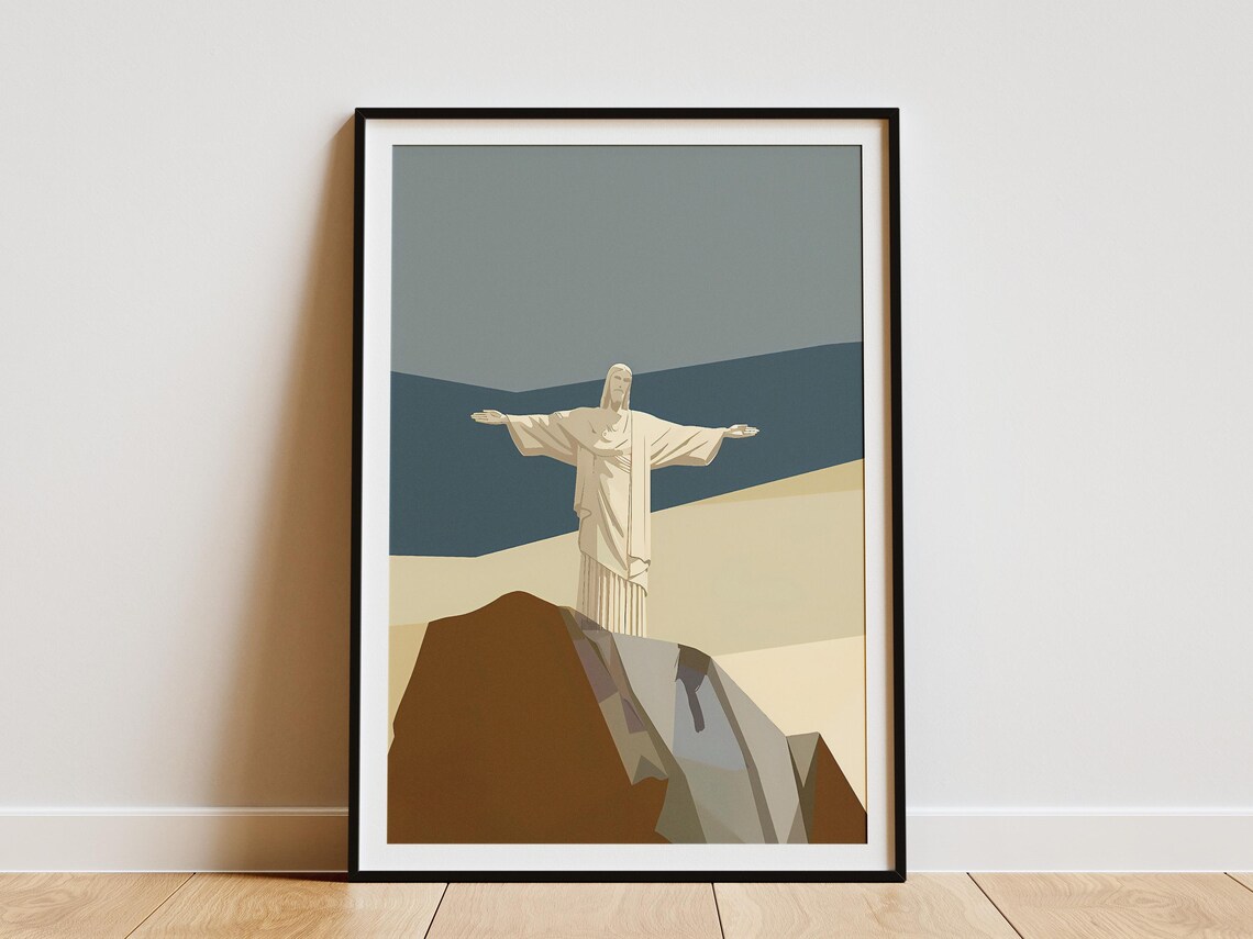 Christ the Redeemer Statue in Minimalist Beige and Blue Poster