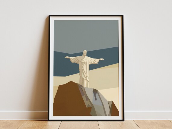Christ the Redeemer Statue in Minimalist Beige and Blue Poster