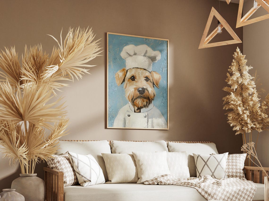 Scruffy Terrier Chef Dog In White Hat On Soft Light Blue Poster - Image 3