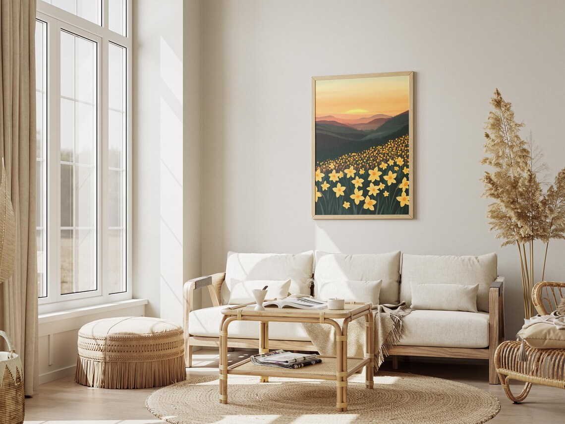 Yellow Daffodil Hillside Meadow at Golden Sunset Nature Art Poster - Image 4