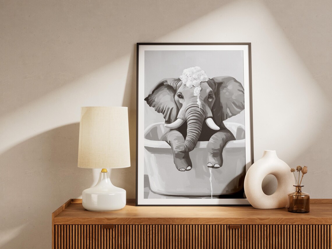 Cute Baby Elephant Bubble Bath Black and White Nursery Poster - Image 3