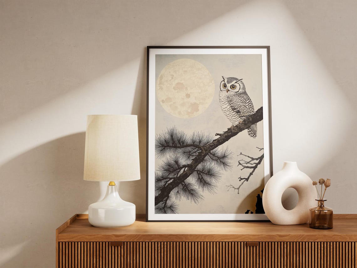 Owl Perched on Pine Branch Beneath Full Moon Japanese Art Poster - Image 5