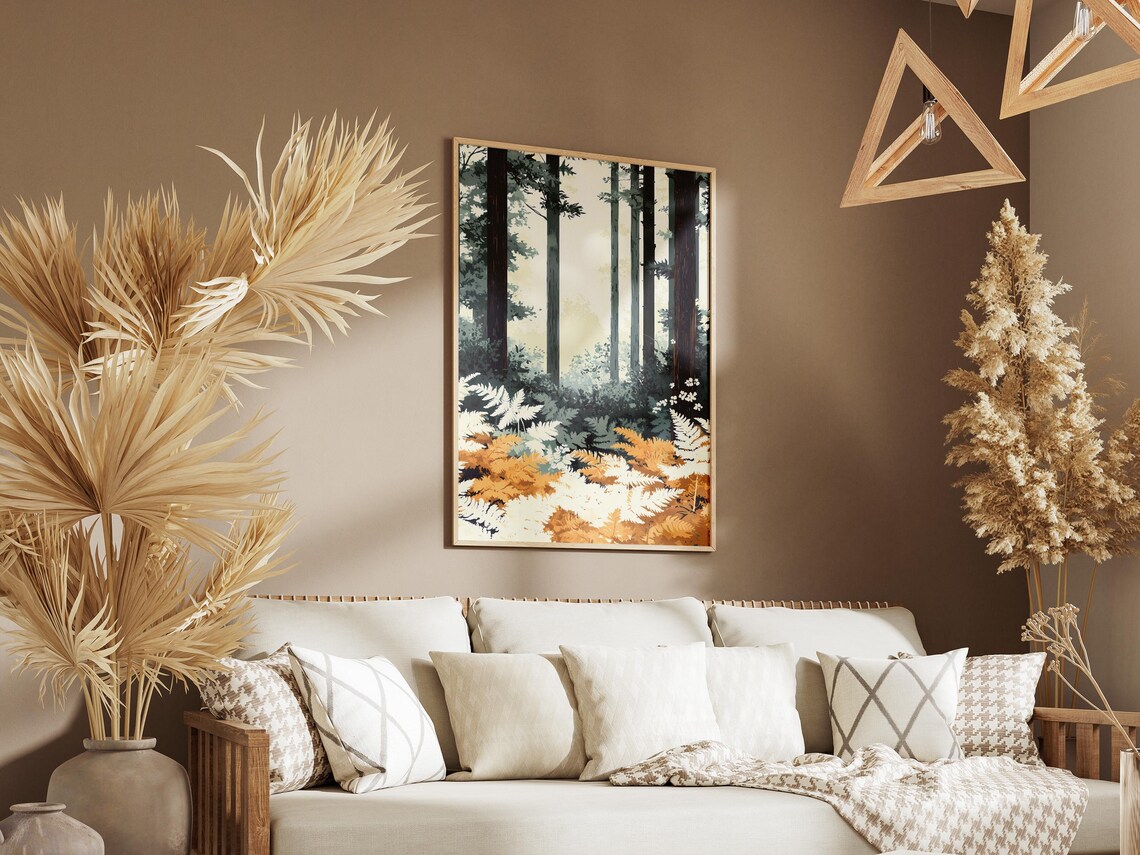 Misty Pine Forest With Golden Ferns Botanical Nature Art Poster - Image 3
