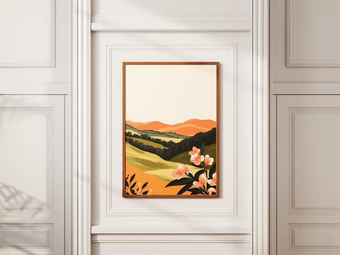Peach Hills With Orange Wildflowers Minimalist Landscape Poster - Image 2