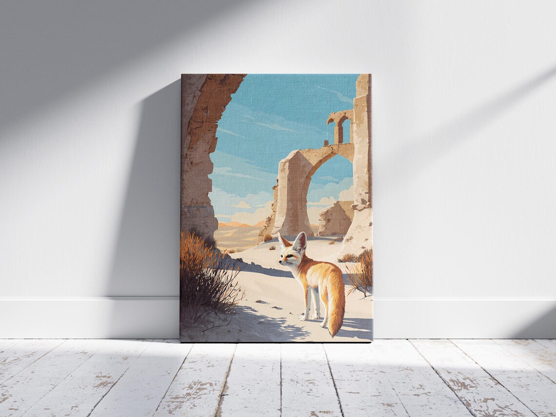 Fennec Fox Desert Ruins Ancient Stone Arches Warm Travel Poster - Image 2