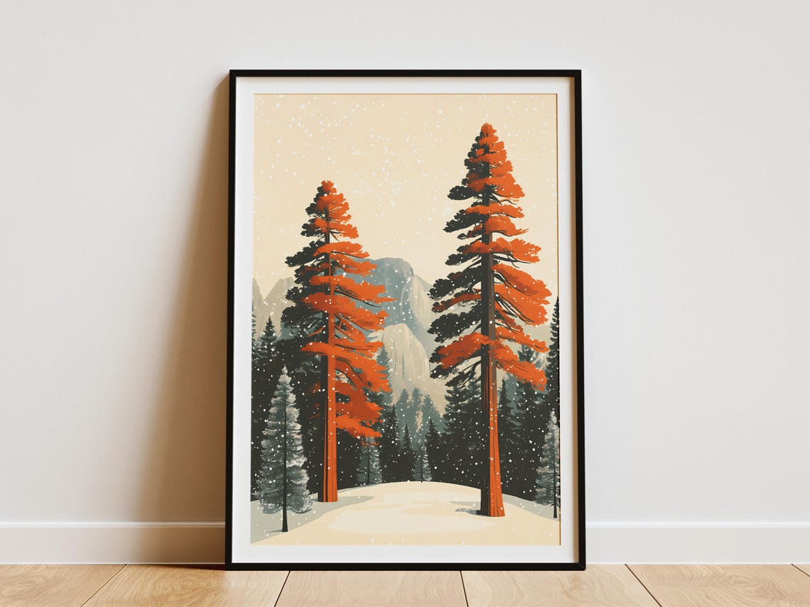 Giant Sequoia Redwood Trees Winter Snow Forest Travel Poster