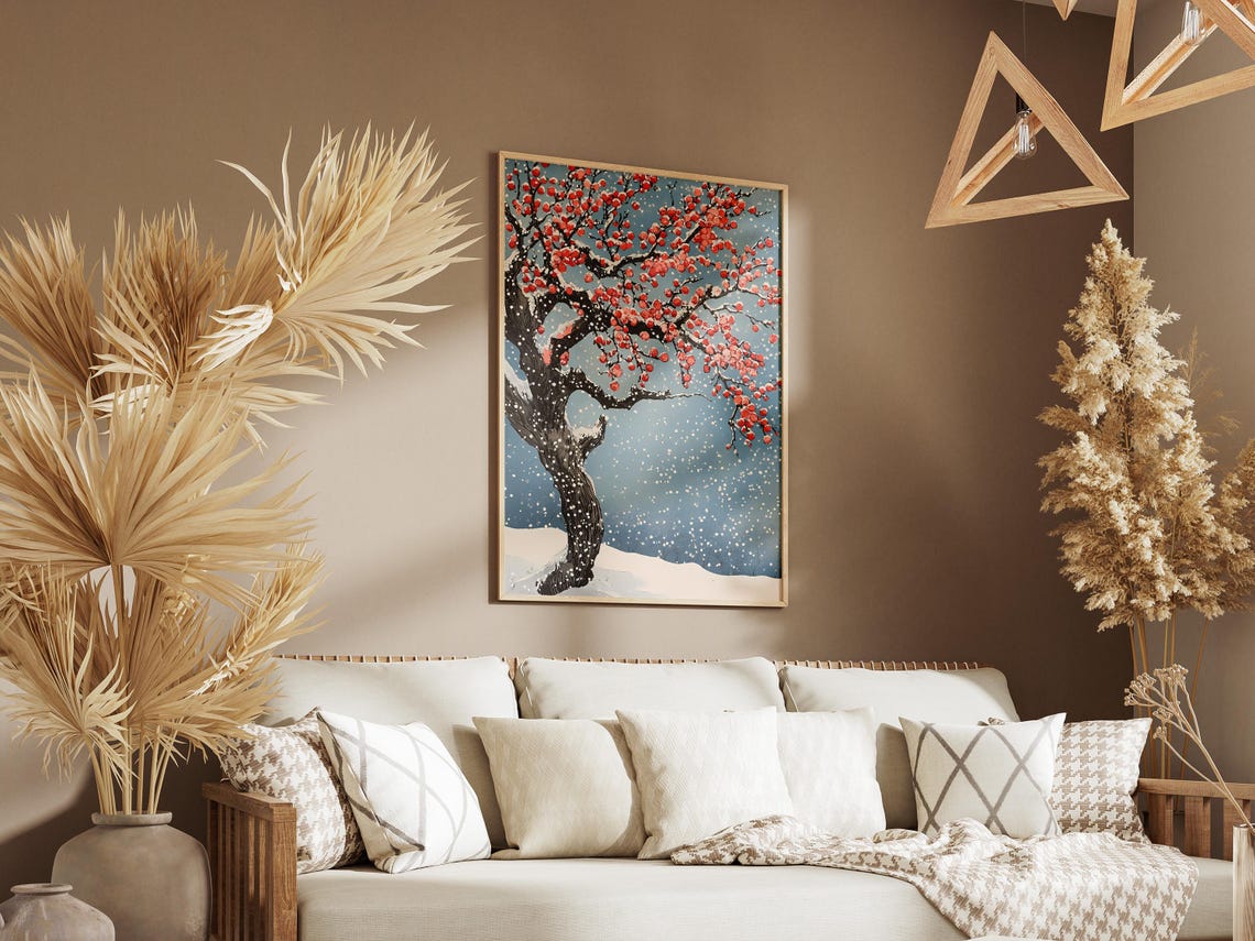 Snow Covered Plum Tree Red Blossoms Falling Snow Night Poster - Image 3