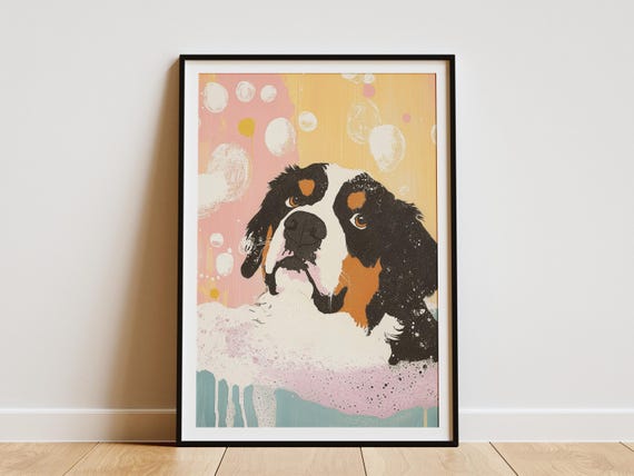 Bernese Mountain Dog Art Print In Bathtub Poster Cute Puppy Wall Decor Pet Portrait Lover Gift Bathroom Bath