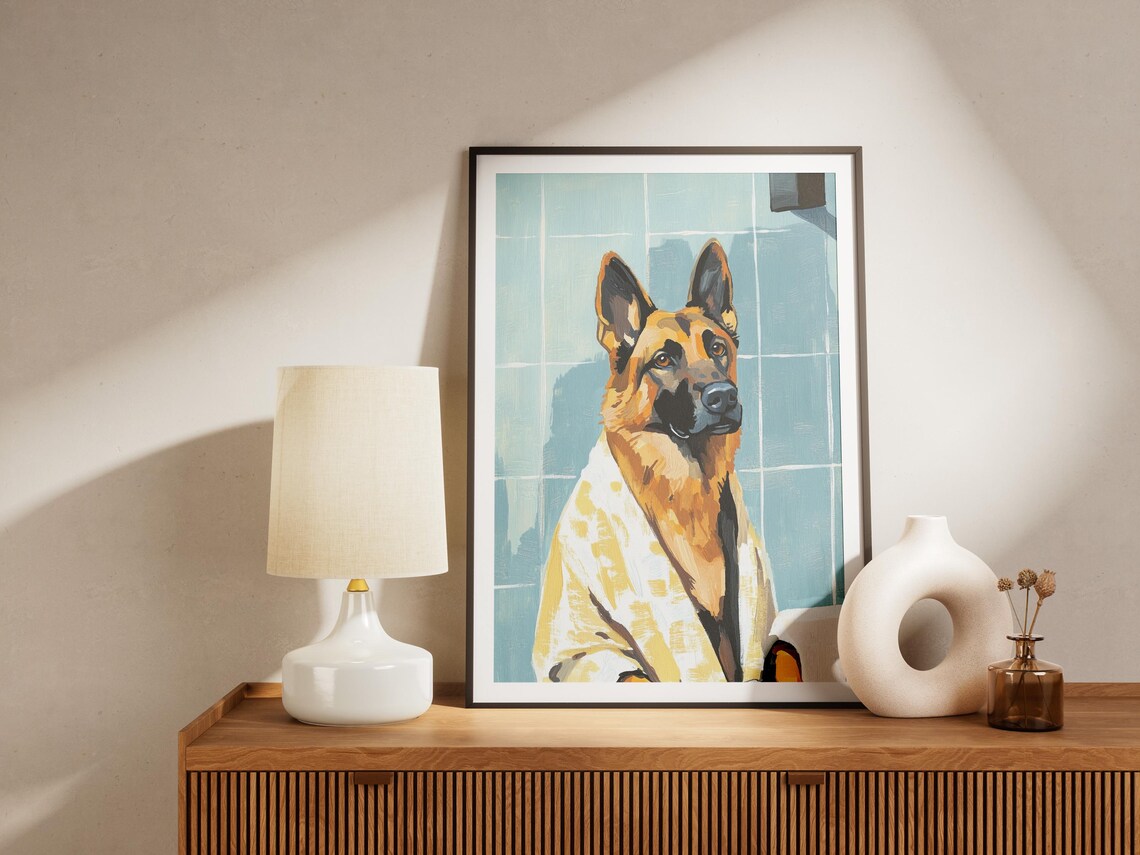 German Shepherd Wrapped in Towel Blue Shower Tile Art Poster - Image 4