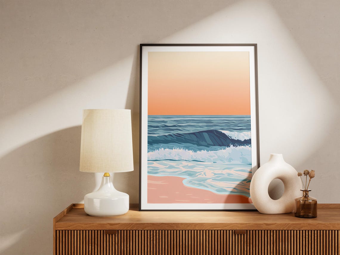 Blue Waves Breaking With Foam on a Pink Sand Beach at Sunset Poster - Image 5