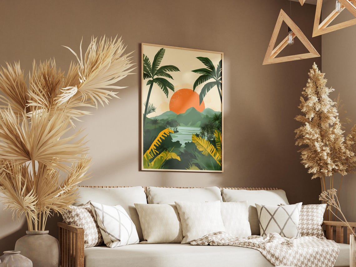 Guanacaste Costa Rica Sunset Palm Trees Mountain Lake Poster - Image 3