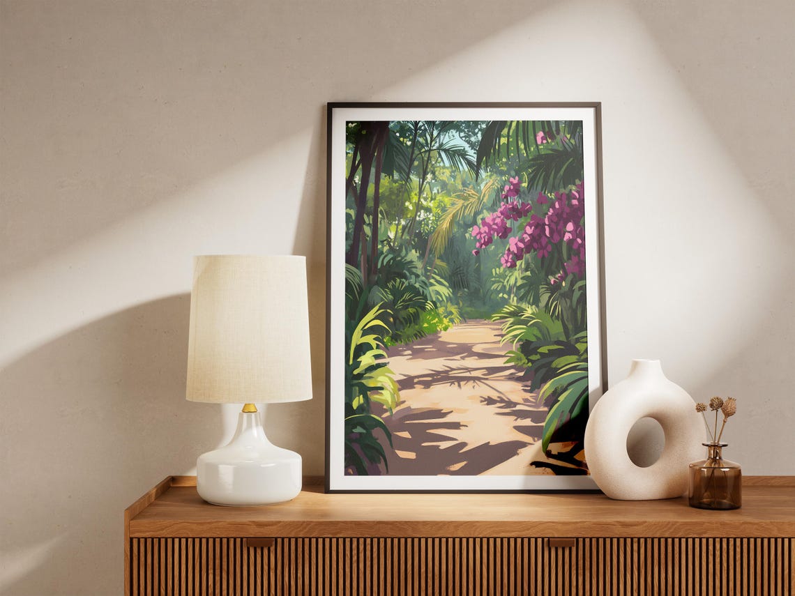 Tropical Jungle Pathway With Magenta Orchids Dappled Light Poster - Image 5