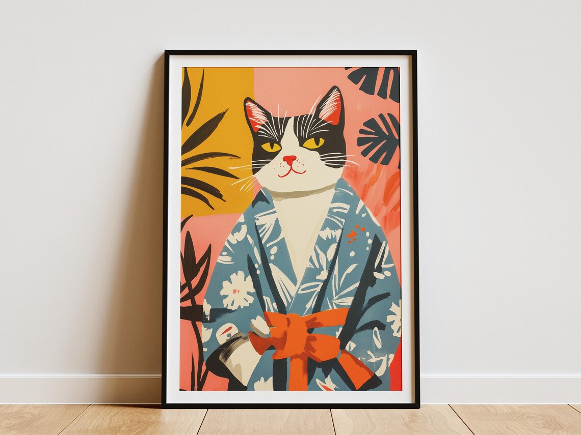Tuxedo Cat in a Kimono Style Robe Tropical Animal Art Poster