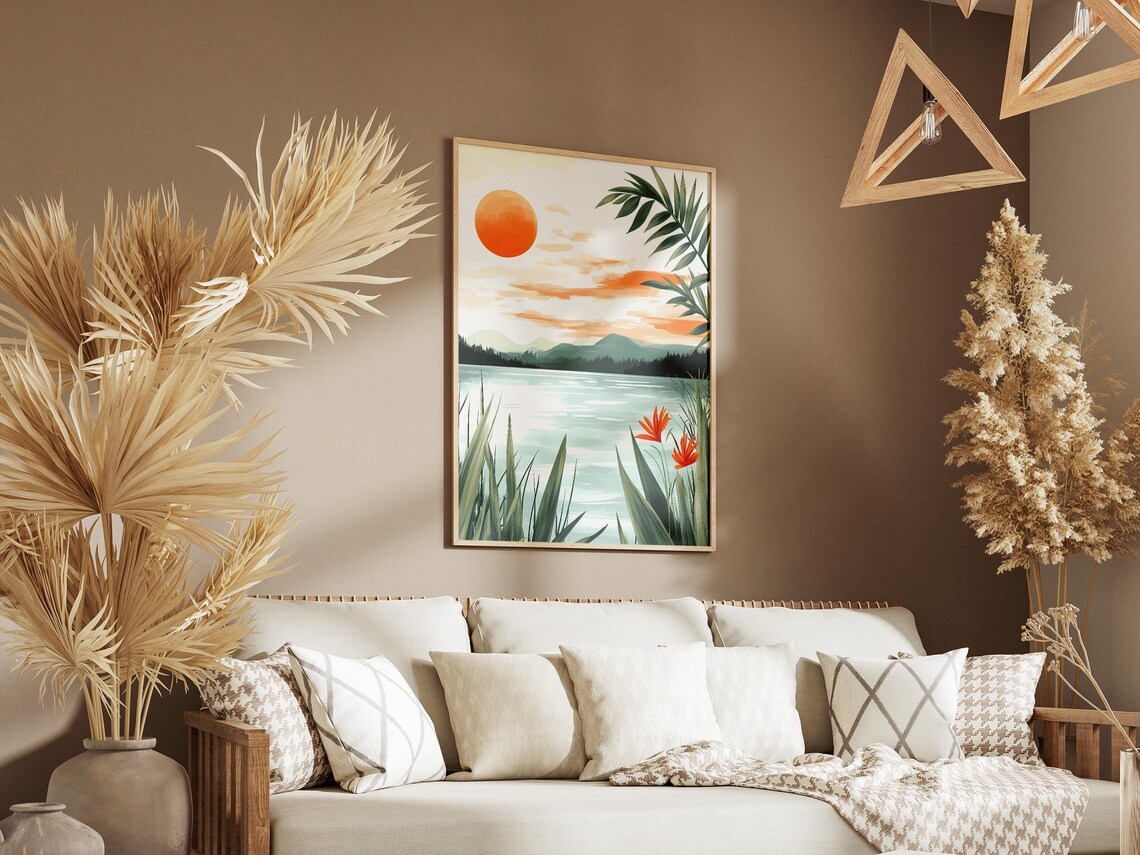 Orange Sunset Over Still Lake With Tropical Red Flowers Poster - Image 3