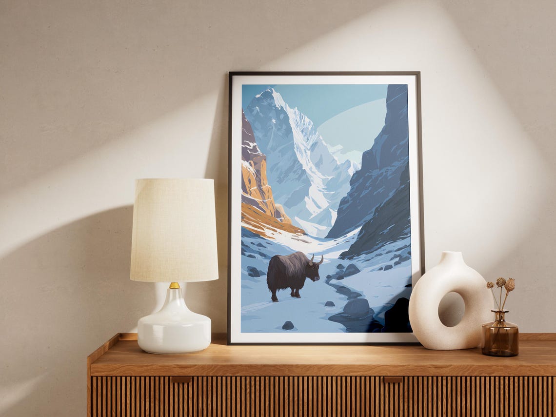 Yak Standing in Snowy Mountain Valley Winter Wildlife Art Poster - Image 4