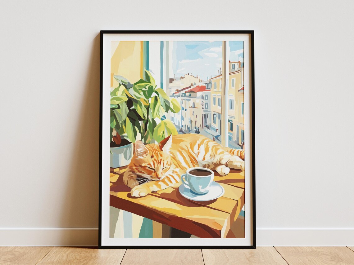 Orange Tabby Cat Napping on a Sunny Windowsill with Coffee Poster