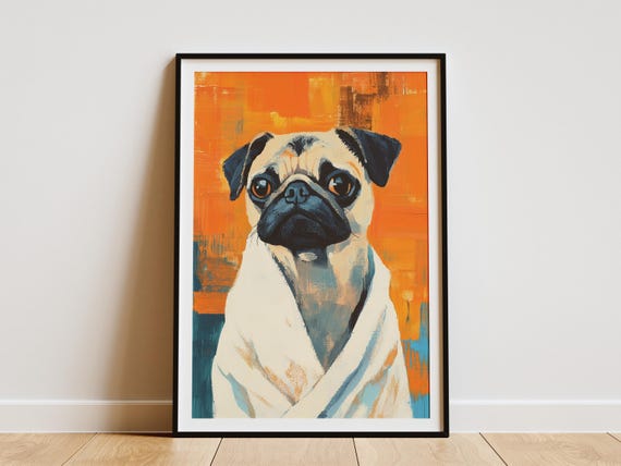 Pug Dog Bathrobe Bathroom Matisse Style Art Print Funny Pet Poster Quirky Home Decor Animal Wall Lover Gift Unique Illustration