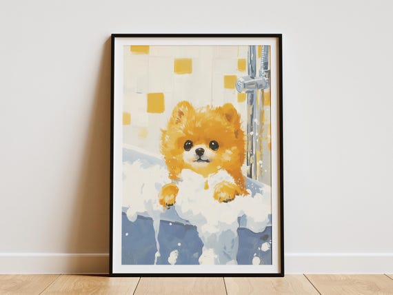 Pomeranian Puppy In Bathtub Poster Print Cute Dog Animal Art Bathroom Decor Wall Pet Portrait Fluffy Gift