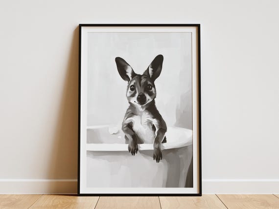 Kangaroo In Bathtub Poster Funny Animal Print Bathroom Wall Art Whimsical Decor Black And White Unique