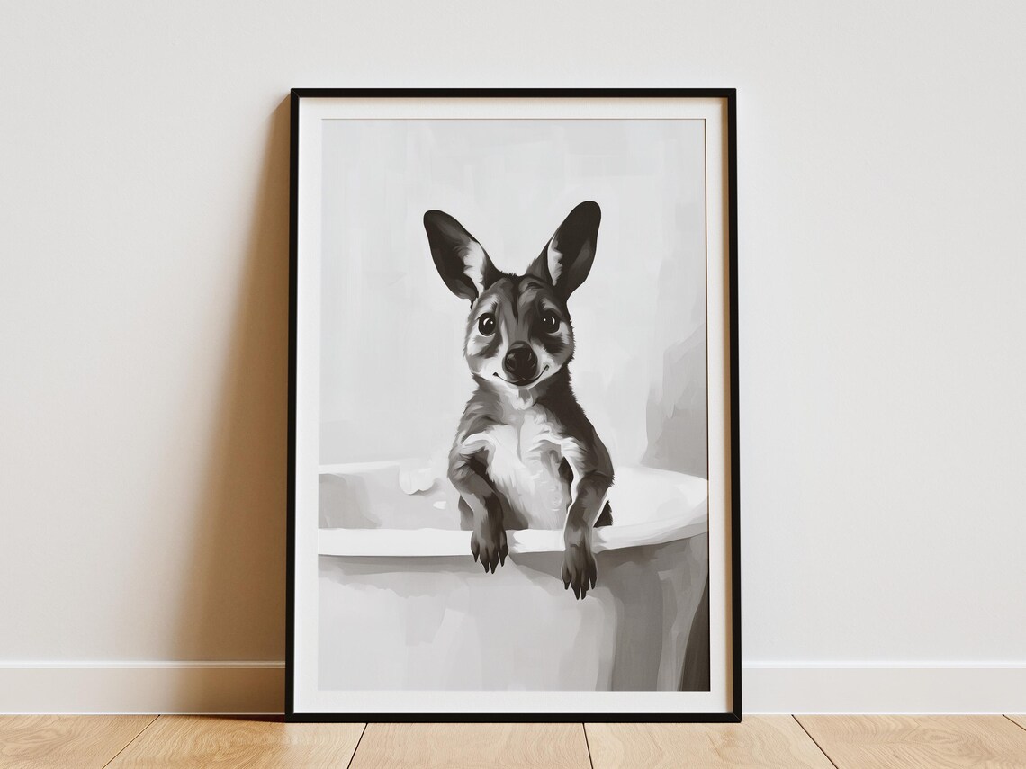 Kangaroo In Bathtub Poster Funny Animal Black And White Wall Decor
