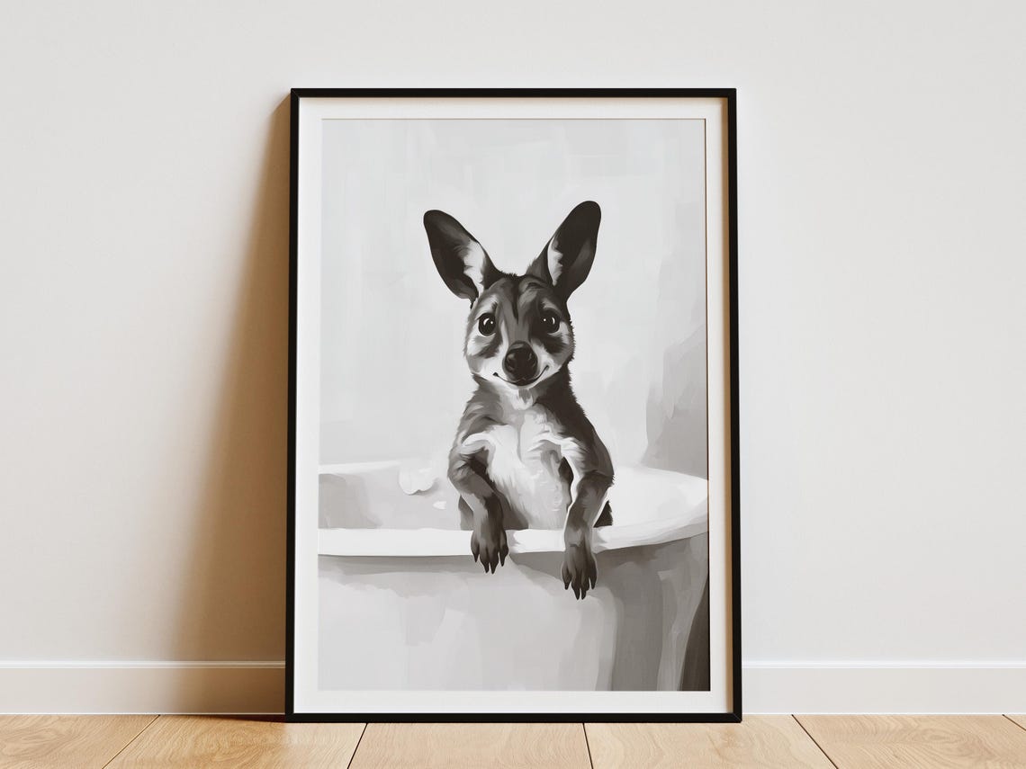 Kangaroo In Bathtub Poster Funny Animal Print Bathroom Wall Art Whimsical Decor Black And White Unique